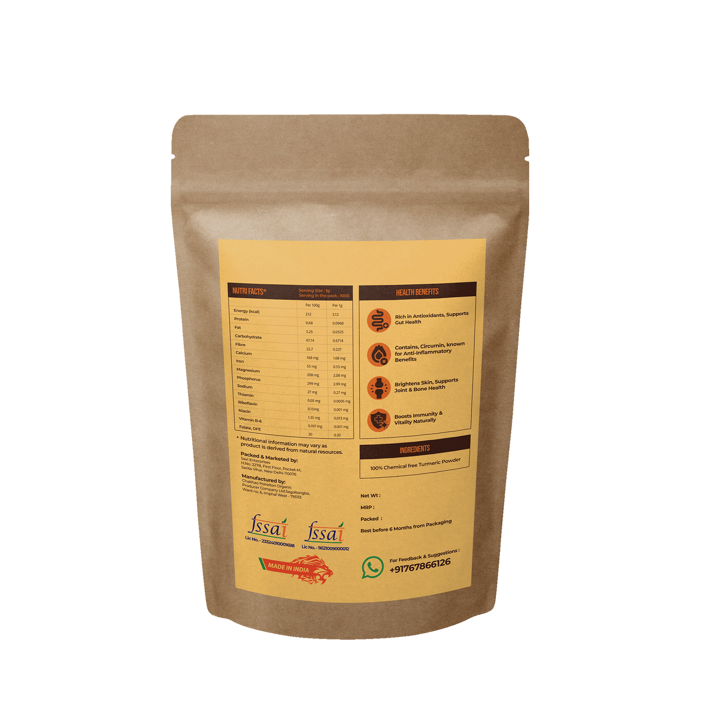 Ogvan Haldi Powder back label contains FSSAI certification, ingredient list, nutri info and health benefits
