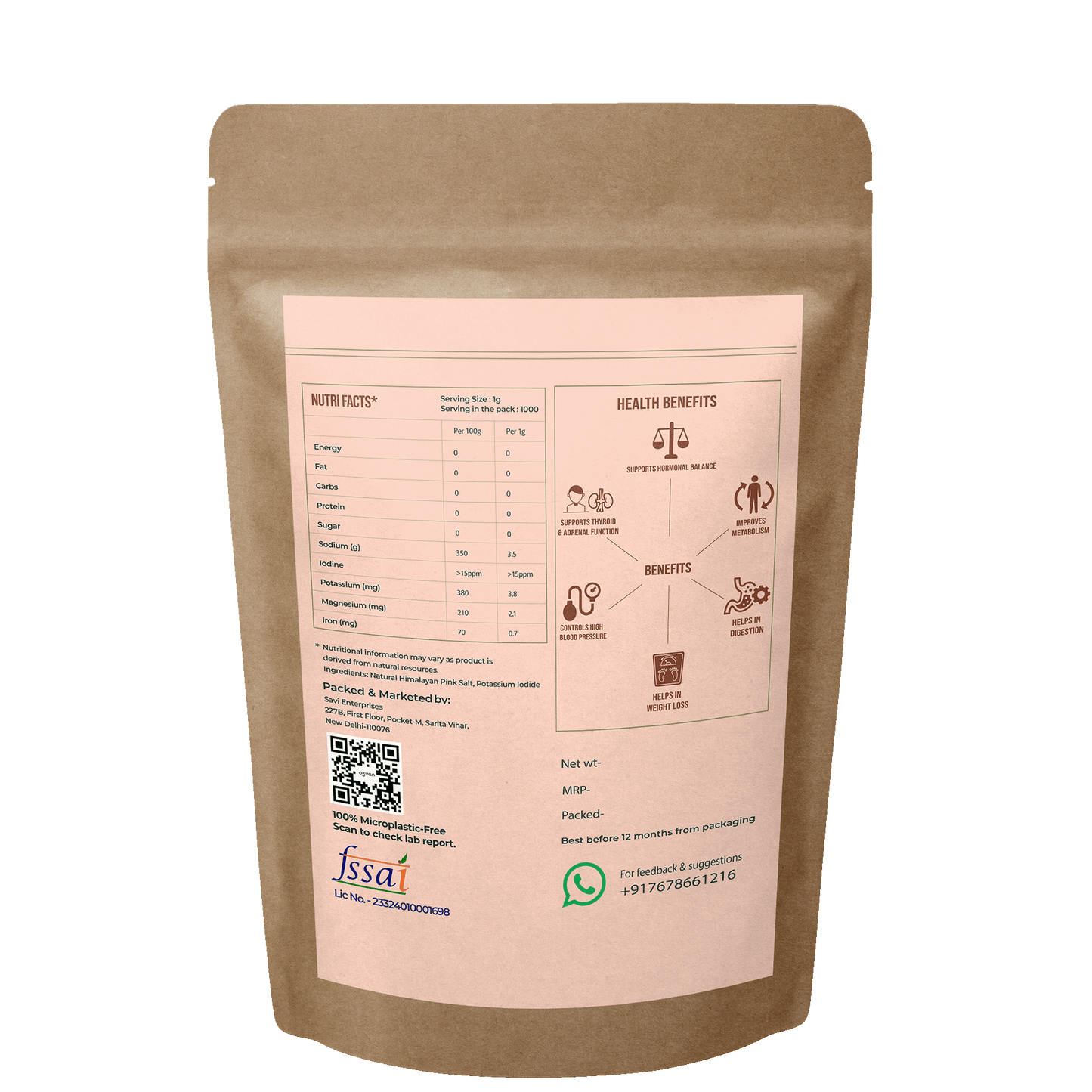 Ogvan Iodized Pink Salt back label – lab certification, ingredient list and nutrition facts