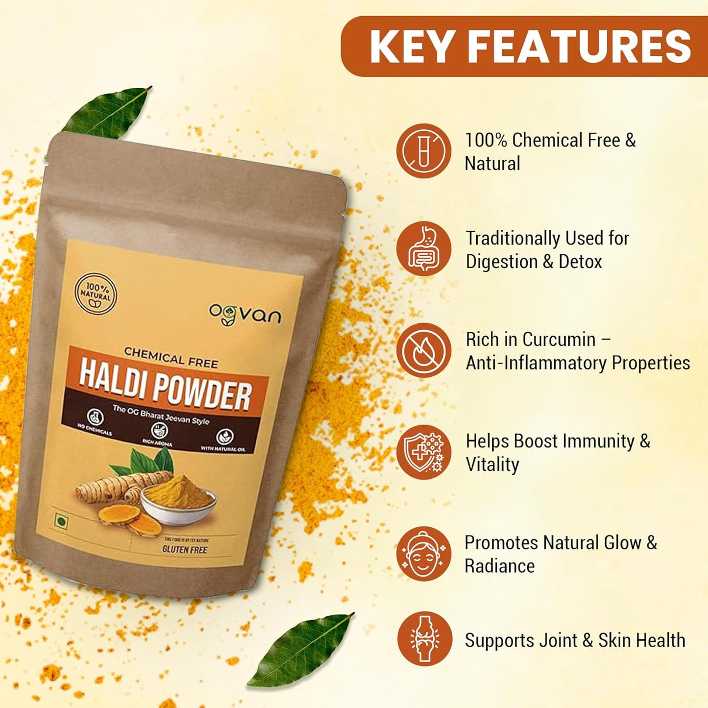 Ogvan Haldi Powder key features include rich in curcumin, helps boost immunity, promotes natural skin glow, supports joint health and digestion. 