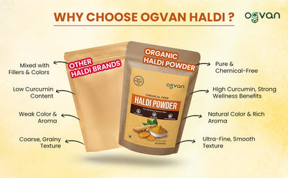 Ogvan Haldi vs regular turmeric: 3x FSSAI recommended curcumin limit, deeper colour, stronger potency.